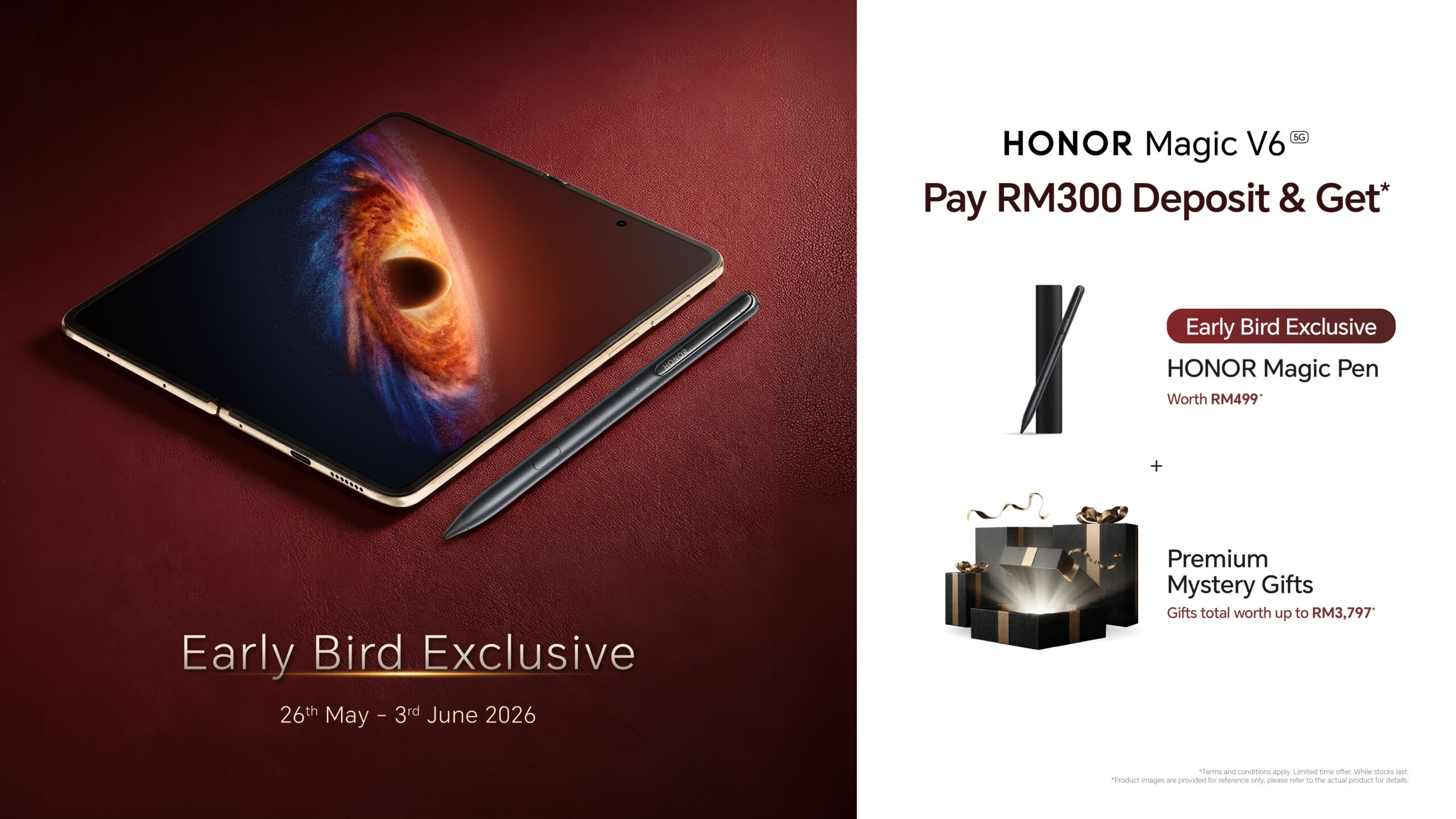 HONOR Magic V6早鸟预订来了！RM300定金可享免费触控笔和RM3797的赠品！